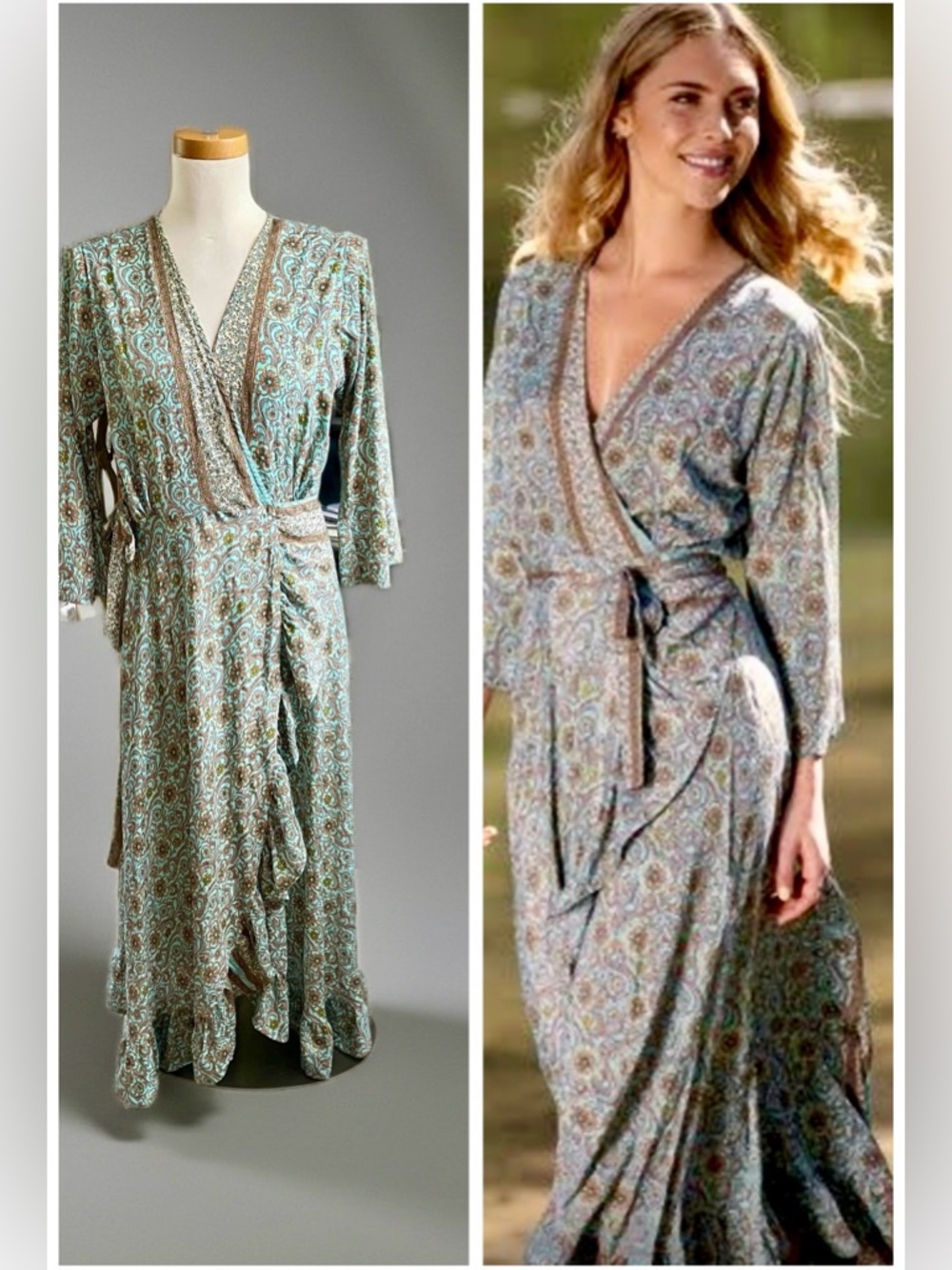 Cienna Paisley Shawnee Long Wrap Maxi Dress in Aqua Sz M Rt$150